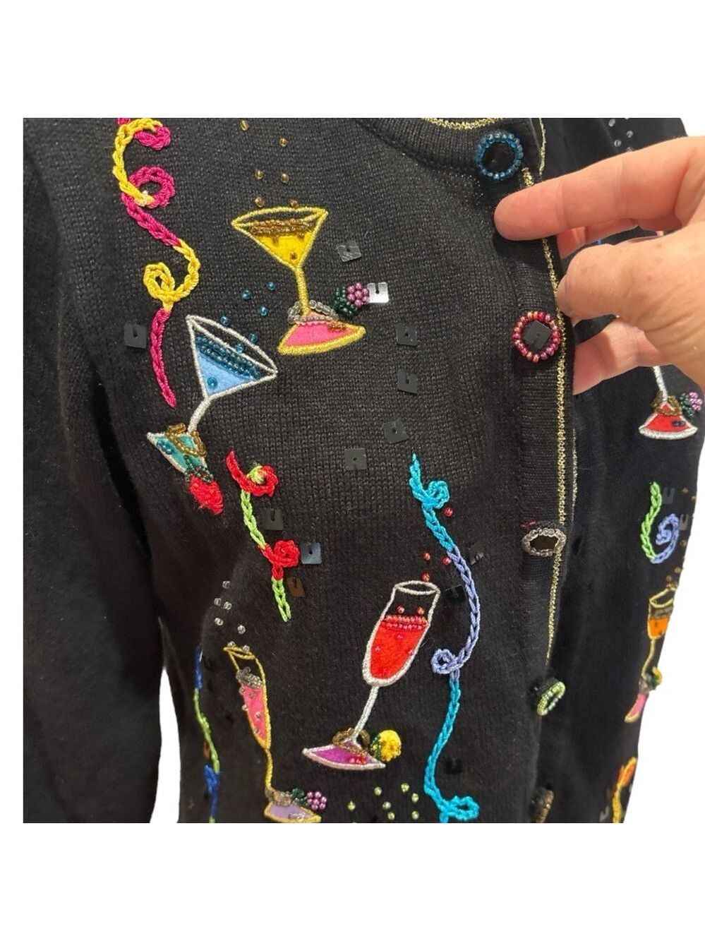 80s BERER 2 BLACK & MULTI-COLOR COCKTAILS HOUR W STREAMERS CARDIGAN SWEATER SZ S - Picture 8 of 12